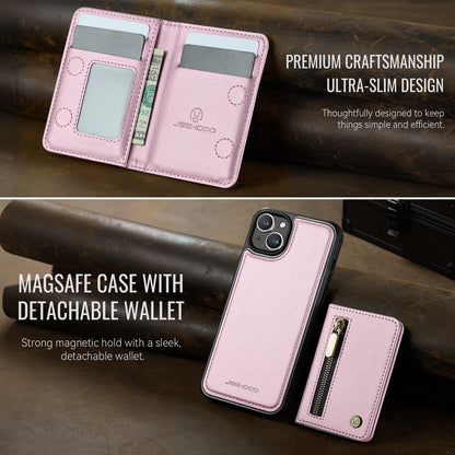 JEEHOOD For iPhone 15 Plus / iPhone 14 Plus Case  J12 Magnetic  Detachable Zipper Wallet Kickstand Leather Back Cover Compatible with MagSafe
