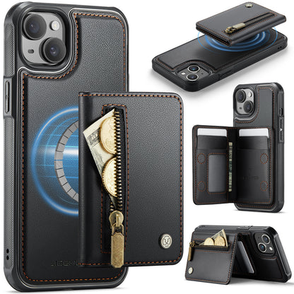 JEEHOOD For iPhone 15 Plus / iPhone 14 Plus Case  J12 Magnetic  Detachable Zipper Wallet Kickstand Leather Back Cover Compatible with MagSafe