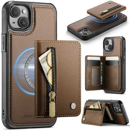 JEEHOOD For iPhone 15 Plus / iPhone 14 Plus Case  J12 Magnetic  Detachable Zipper Wallet Kickstand Leather Back Cover Compatible with MagSafe