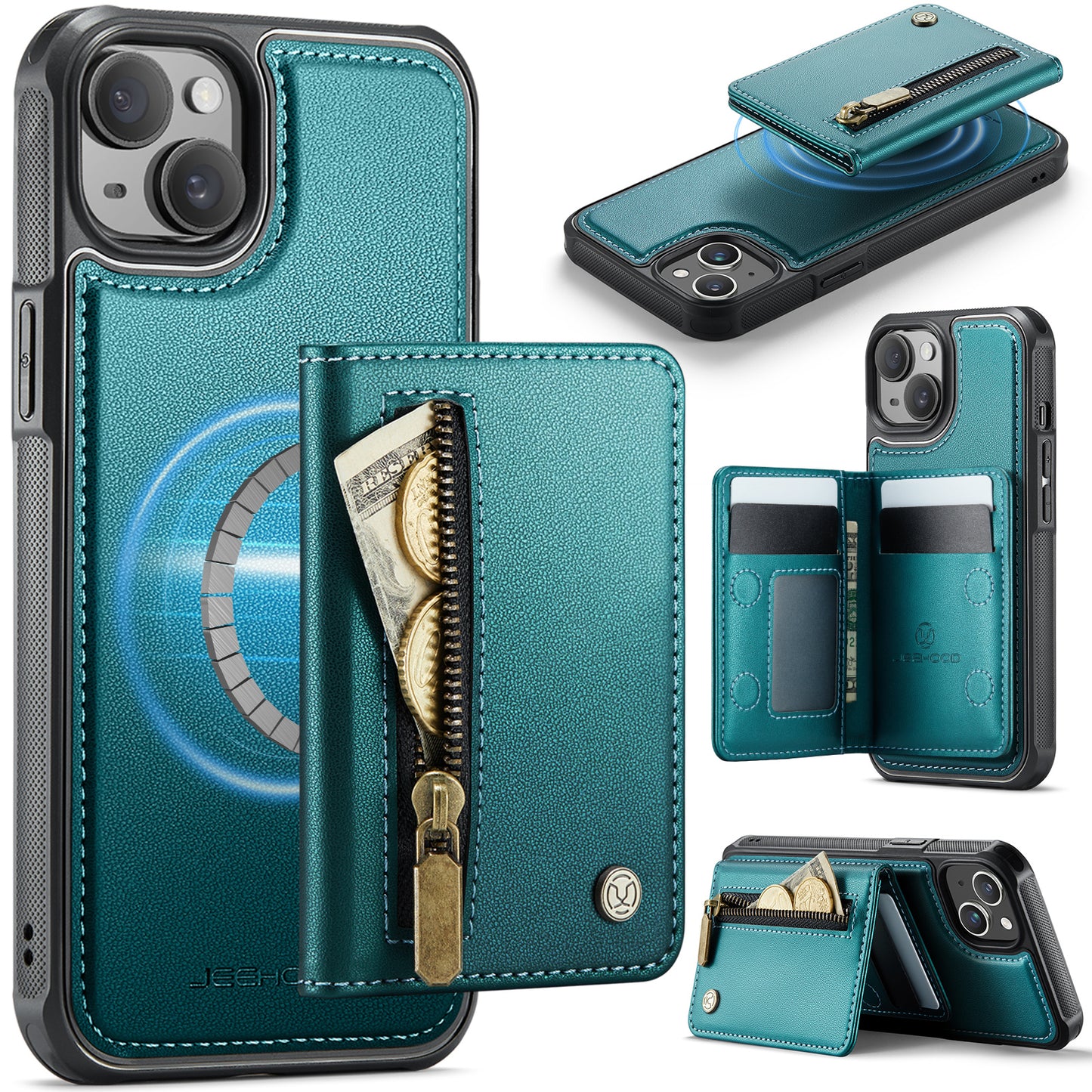 JEEHOOD For iPhone 15 Plus / iPhone 14 Plus Case  J12 Magnetic  Detachable Zipper Wallet Kickstand Leather Back Cover Compatible with MagSafe