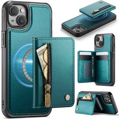 JEEHOOD For iPhone 15 Plus / iPhone 14 Plus Case  J12 Magnetic  Detachable Zipper Wallet Kickstand Leather Back Cover Compatible with MagSafe