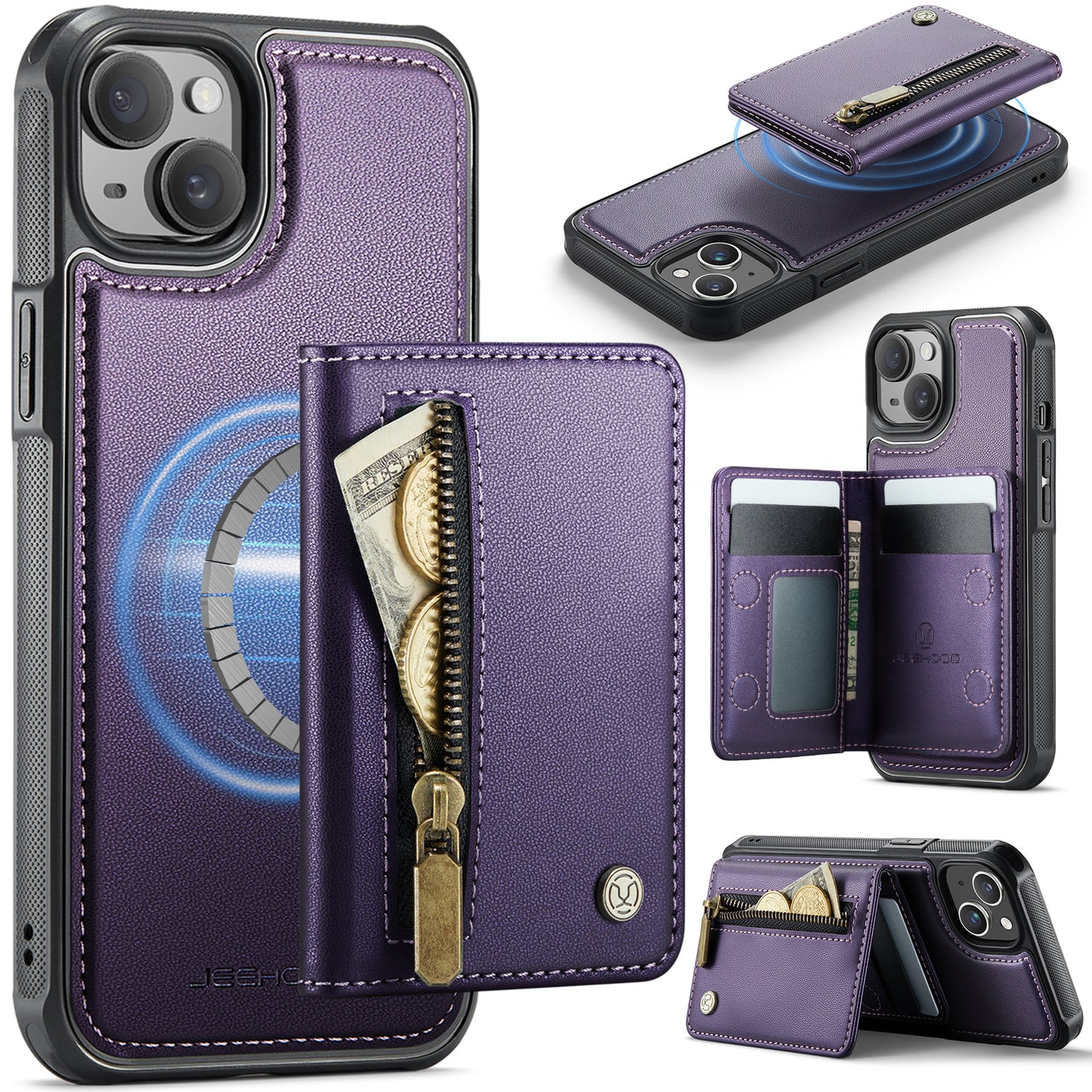 JEEHOOD For iPhone 15 Plus / iPhone 14 Plus Case  J12 Magnetic  Detachable Zipper Wallet Kickstand Leather Back Cover Compatible with MagSafe