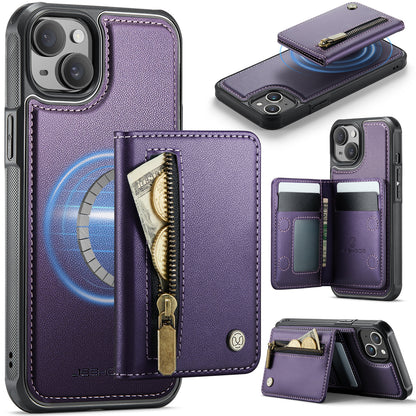 JEEHOOD For iPhone 15 Plus / iPhone 14 Plus Case  J12 Magnetic  Detachable Zipper Wallet Kickstand Leather Back Cover Compatible with MagSafe