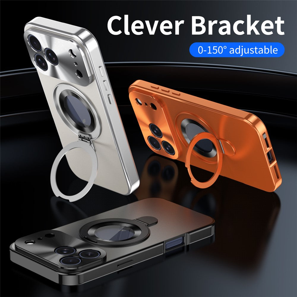 For iPhone 17 Pro Max Magnetic Case PC + Metal Kickstand Phone Cover with Anti-Spy Tempered Glass Film