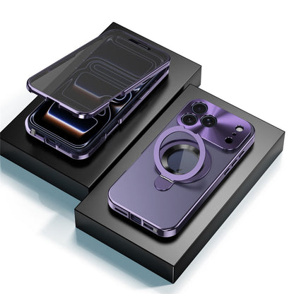 For iPhone 17 Pro Max Magnetic Case PC + Metal Kickstand Phone Cover with Anti-Spy Tempered Glass Film