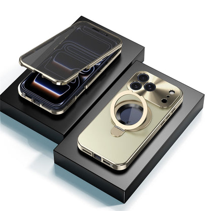 For iPhone 17 Pro Max Magnetic Case PC + Metal Kickstand Phone Cover with Anti-Spy Tempered Glass Film