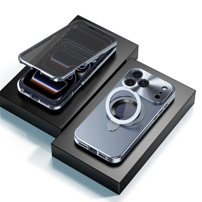 For iPhone 17 Pro Max Magnetic Case PC + Metal Kickstand Phone Cover with Anti-Spy Tempered Glass Film