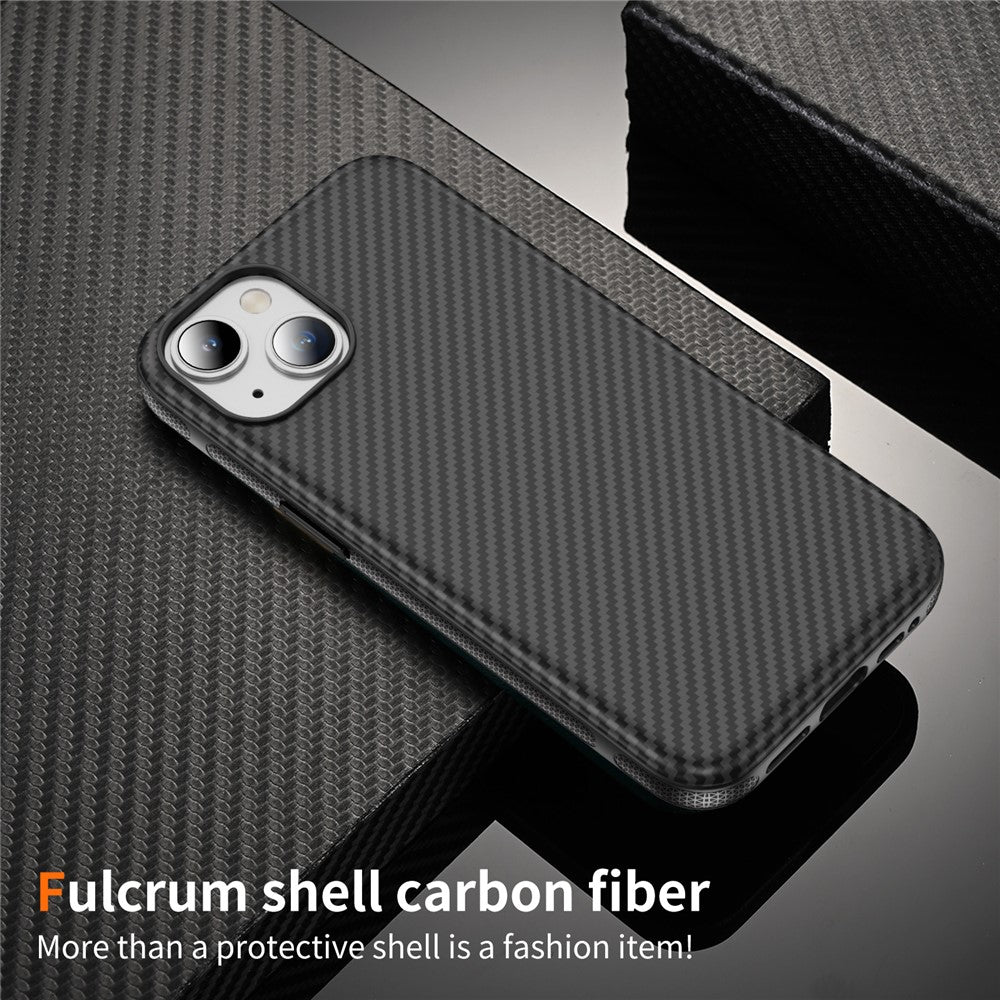 For iPhone 15 Plus / 14 Plus Skin-touch Case Carbon Fiber Texture PC + TPU Back Cover Compatible with MagSafe