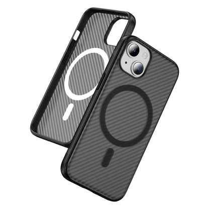 For iPhone 15 Plus / 14 Plus Skin-touch Case Carbon Fiber Texture PC + TPU Back Cover Compatible with MagSafe