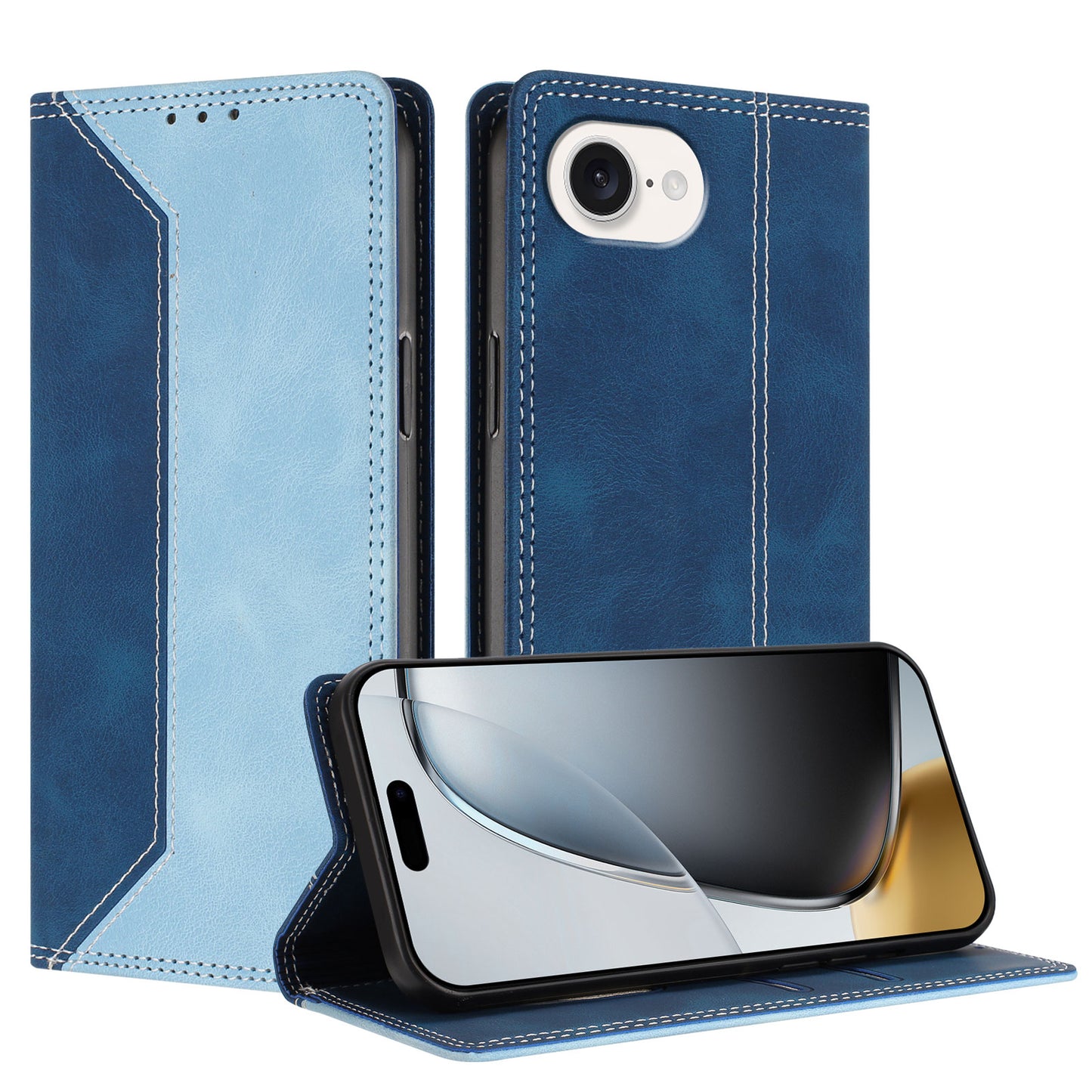 For iPhone 17e / 16e Leather Case Skin Touch Color Splicing RFID Blocking Wallet Stand Phone Cover