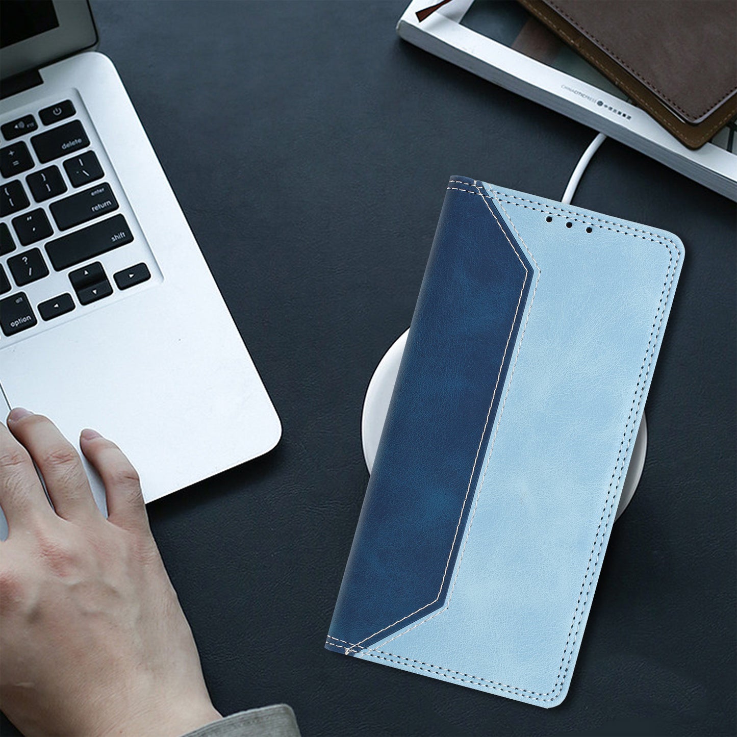 For iPhone 17e / 16e Leather Case Skin Touch Color Splicing RFID Blocking Wallet Stand Phone Cover