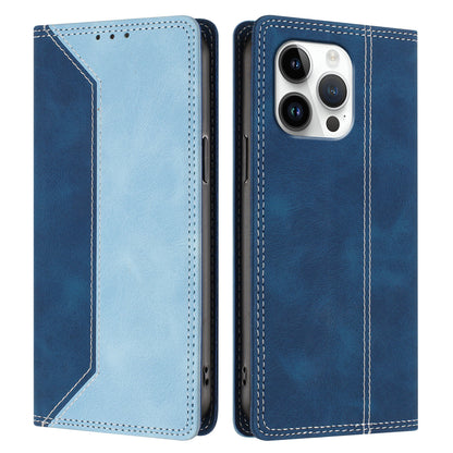 For iPhone 16 Pro Max Leather Case Skin Touch Color Splicing RFID Blocking Wallet Stand Phone Cover