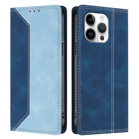 For iPhone 16 Pro Max Leather Case Skin Touch Color Splicing RFID Blocking Wallet Stand Phone Cover