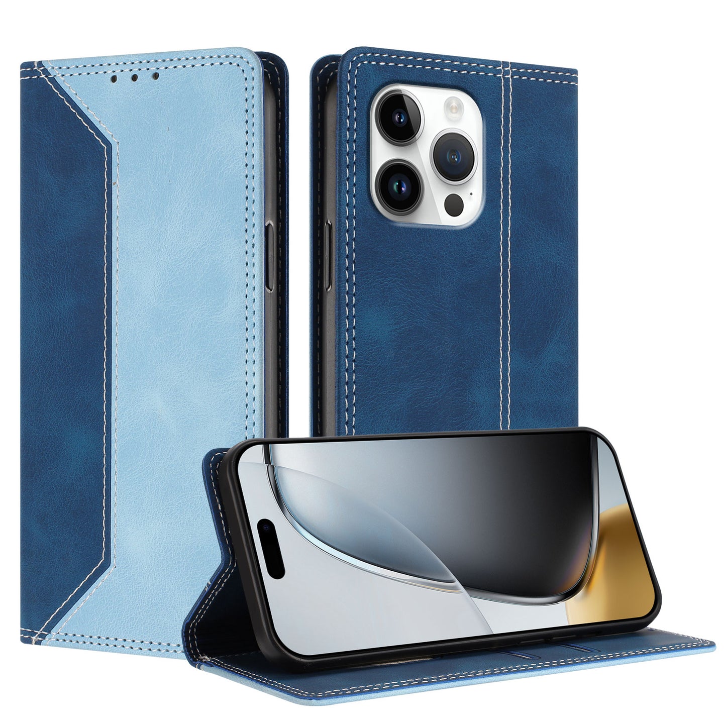 For iPhone 16 Pro Max Leather Case Skin Touch Color Splicing RFID Blocking Wallet Stand Phone Cover