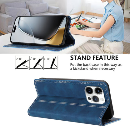 For iPhone 16 Pro Max Leather Case Skin Touch Color Splicing RFID Blocking Wallet Stand Phone Cover