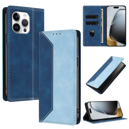 For iPhone 16 Pro Max Leather Case Skin Touch Color Splicing RFID Blocking Wallet Stand Phone Cover