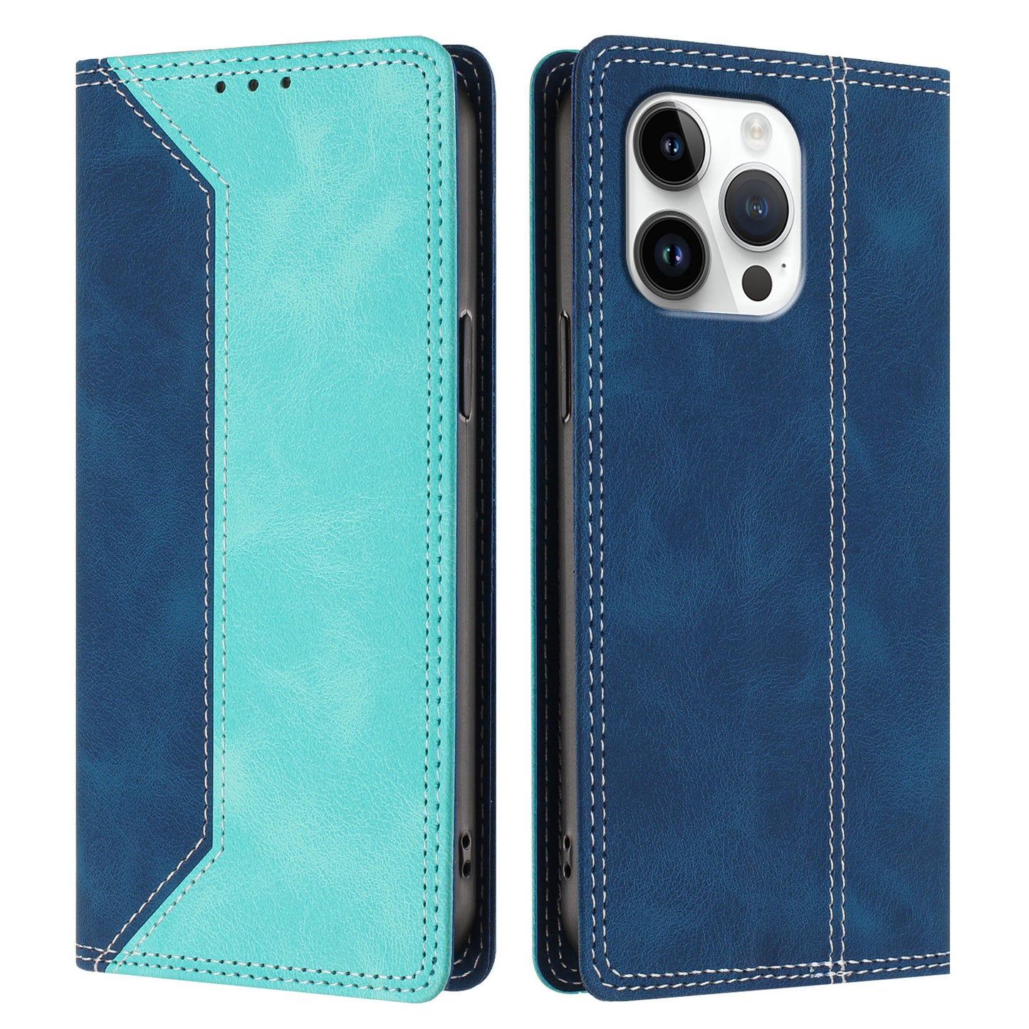 For iPhone 16 Pro Max Leather Case Skin Touch Color Splicing RFID Blocking Wallet Stand Phone Cover