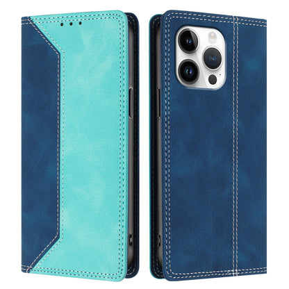 For iPhone 16 Pro Max Leather Case Skin Touch Color Splicing RFID Blocking Wallet Stand Phone Cover