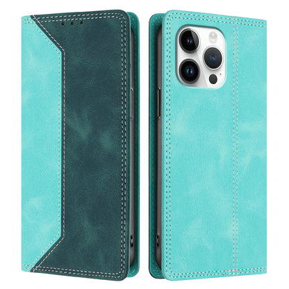 For iPhone 16 Pro Max Leather Case Skin Touch Color Splicing RFID Blocking Wallet Stand Phone Cover