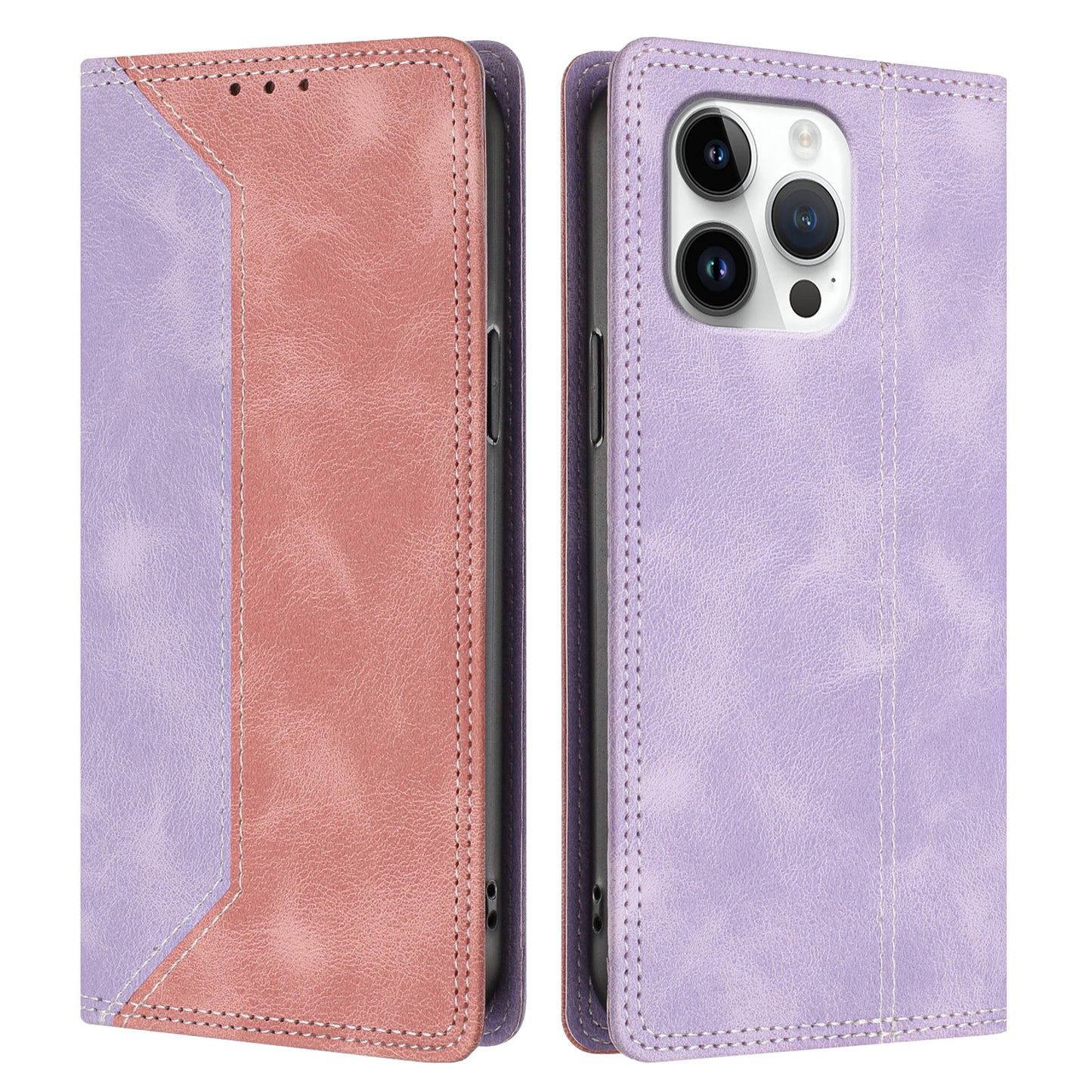 For iPhone 16 Pro Max Leather Case Skin Touch Color Splicing RFID Blocking Wallet Stand Phone Cover