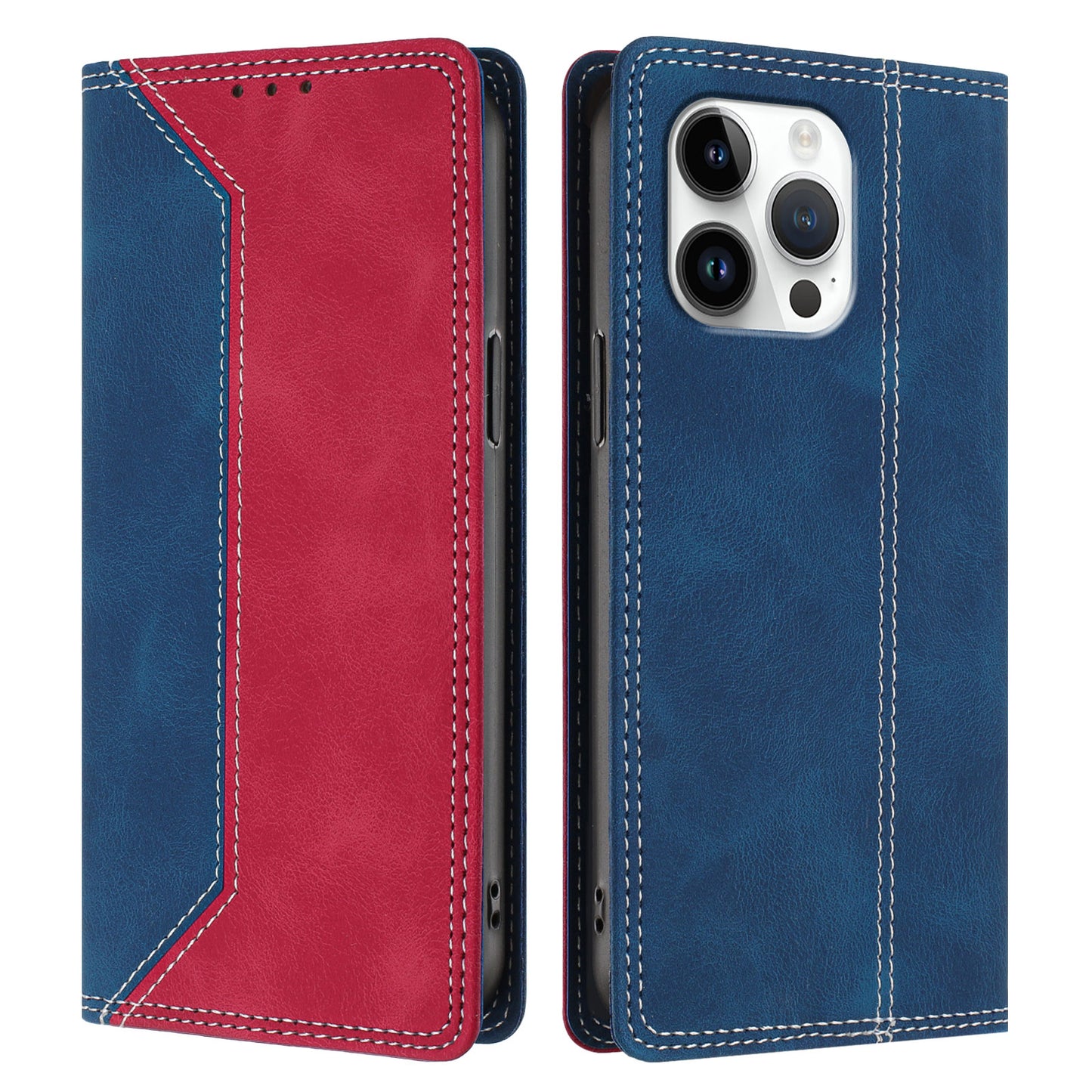 For iPhone 16 Pro Max Leather Case Skin Touch Color Splicing RFID Blocking Wallet Stand Phone Cover