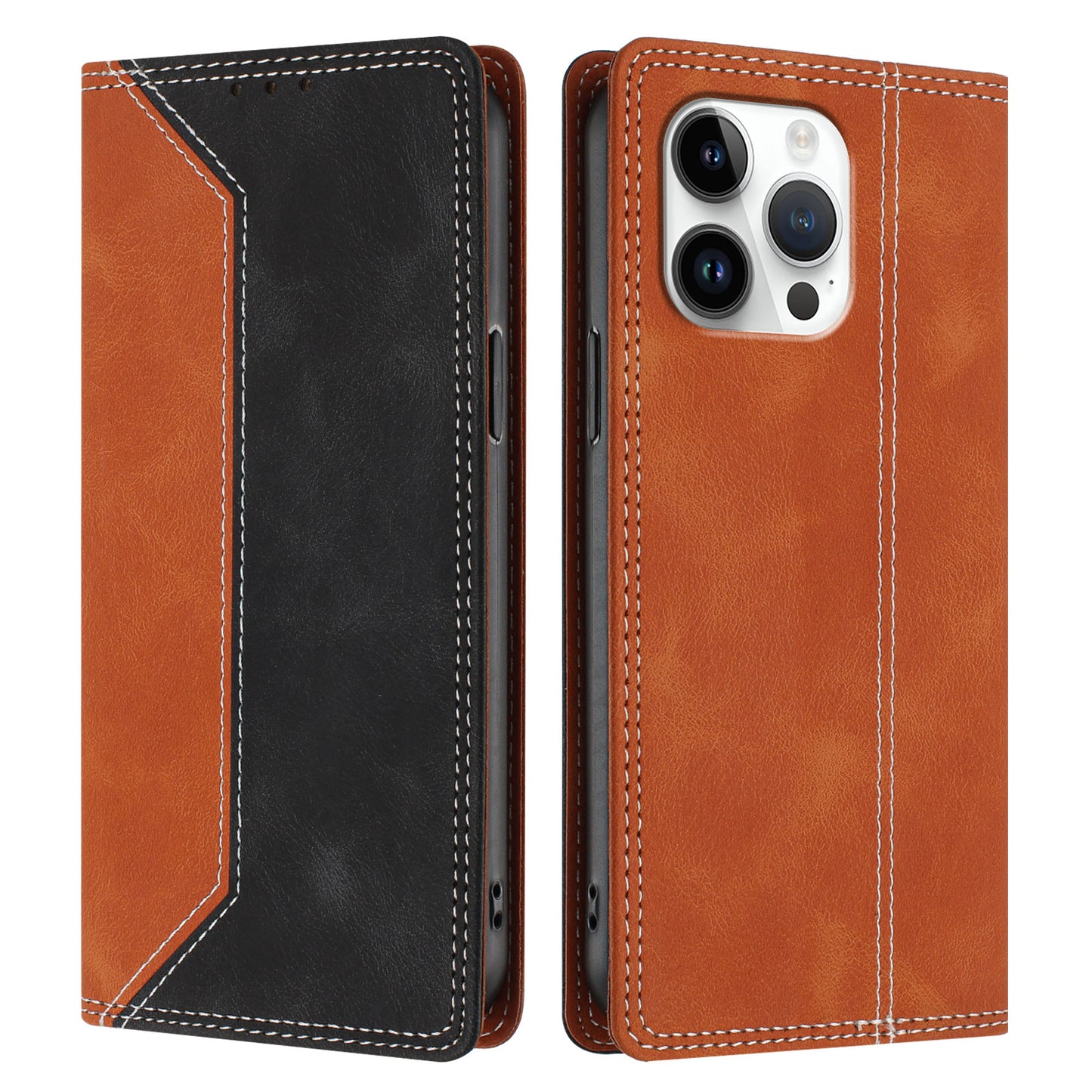 For iPhone 16 Pro Max Leather Case Skin Touch Color Splicing RFID Blocking Wallet Stand Phone Cover