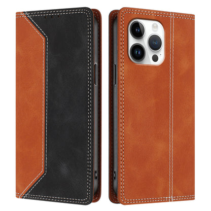 For iPhone 16 Pro Max Leather Case Skin Touch Color Splicing RFID Blocking Wallet Stand Phone Cover