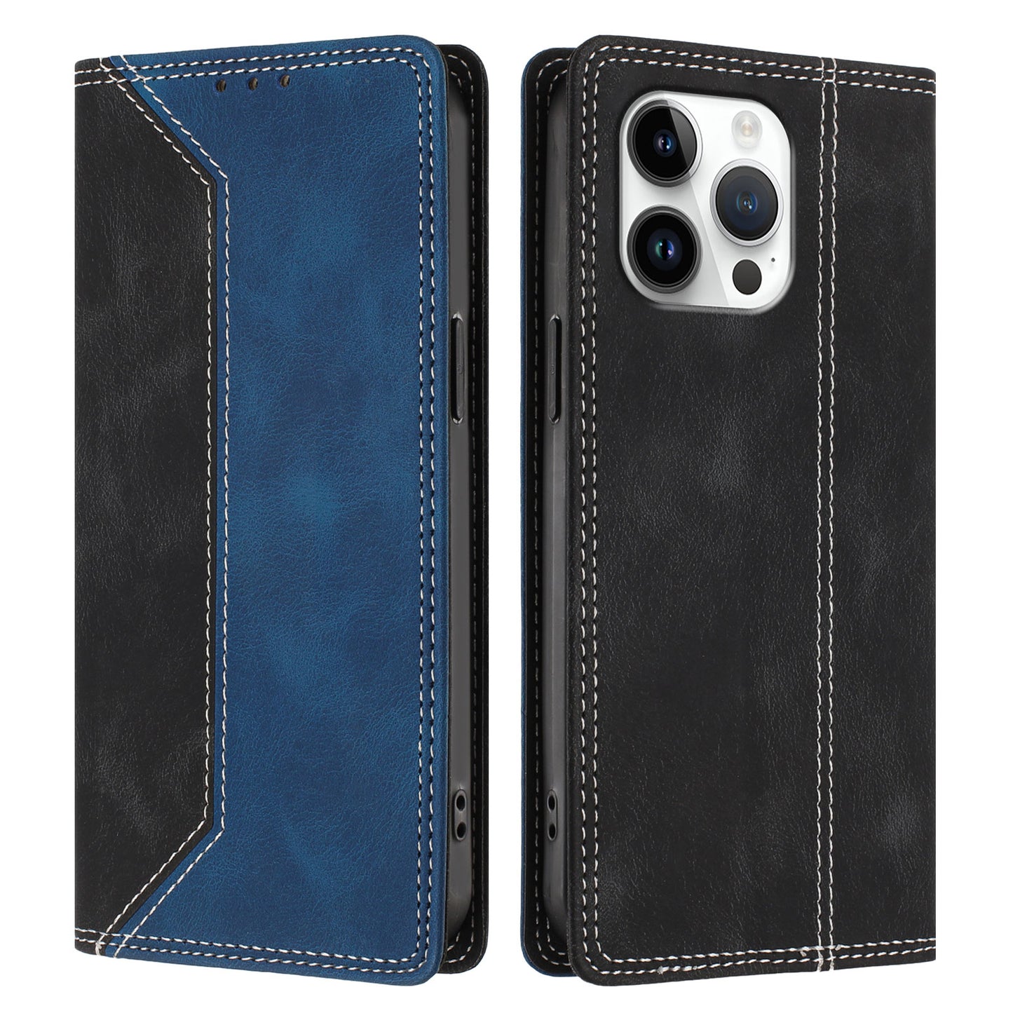 For iPhone 16 Pro Max Leather Case Skin Touch Color Splicing RFID Blocking Wallet Stand Phone Cover
