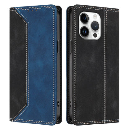 For iPhone 16 Pro Max Leather Case Skin Touch Color Splicing RFID Blocking Wallet Stand Phone Cover