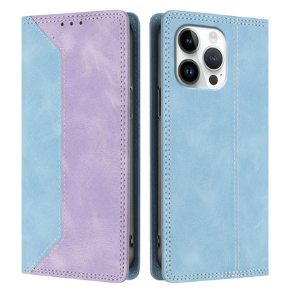 For iPhone 16 Pro Max Leather Case Skin Touch Color Splicing RFID Blocking Wallet Stand Phone Cover