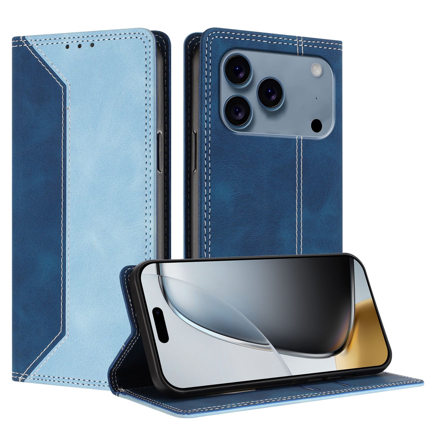 For iPhone 17 Pro Leather Case Skin Touch Color Splicing RFID Blocking Wallet Stand Phone Cover