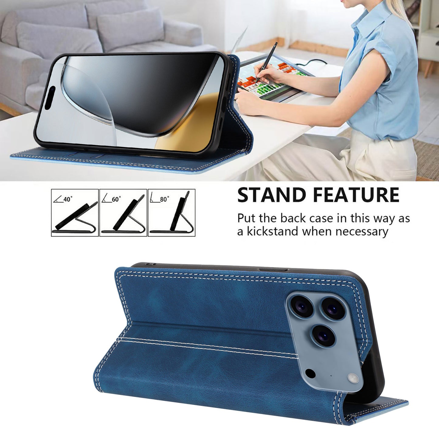 For iPhone 17 Pro Leather Case Skin Touch Color Splicing RFID Blocking Wallet Stand Phone Cover