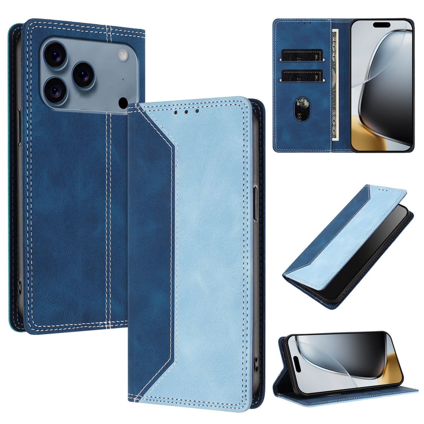 For iPhone 17 Pro Leather Case Skin Touch Color Splicing RFID Blocking Wallet Stand Phone Cover