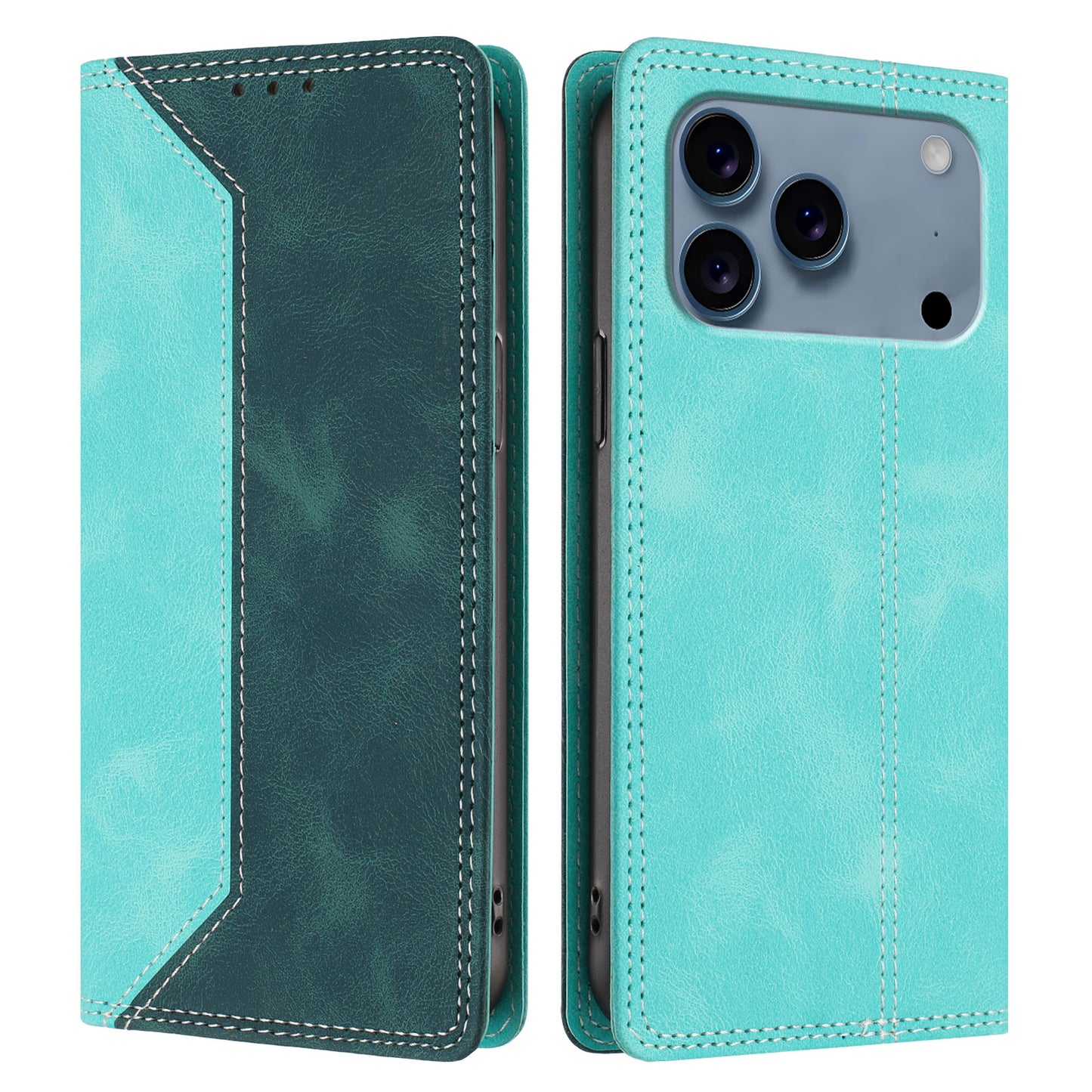 For iPhone 17 Pro Leather Case Skin Touch Color Splicing RFID Blocking Wallet Stand Phone Cover