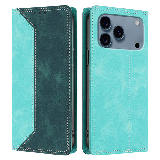 For iPhone 17 Pro Leather Case Skin Touch Color Splicing RFID Blocking Wallet Stand Phone Cover