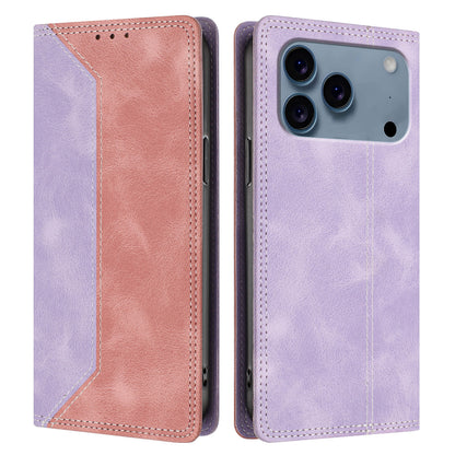 For iPhone 17 Pro Leather Case Skin Touch Color Splicing RFID Blocking Wallet Stand Phone Cover