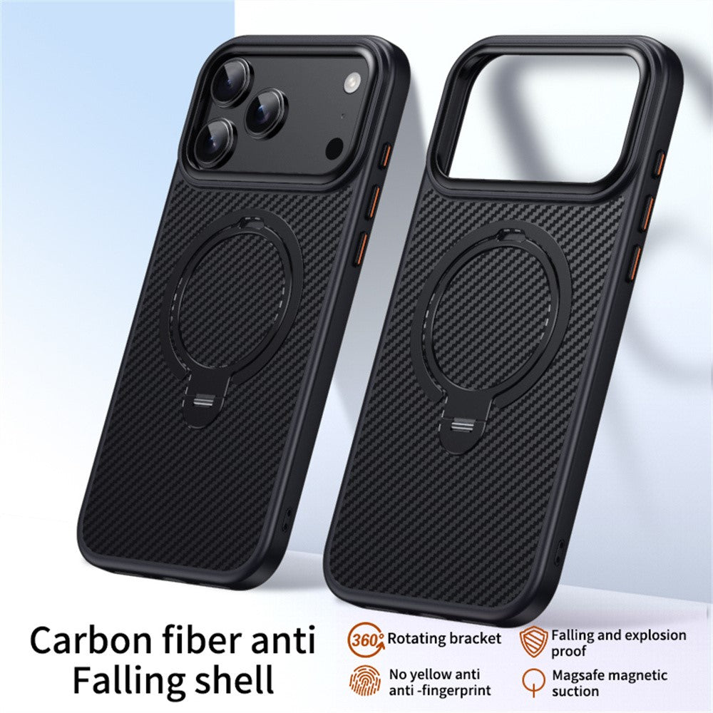 For iPhone 17 Pro Case Compatible with MagSafe PC + TPU Phone Cover Ring Holder Carbon Fiber Texture
