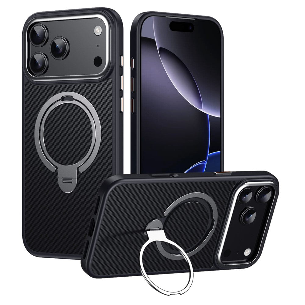 For iPhone 17 Pro Max Case Compatible with MagSafe PC + TPU Phone Cover Ring Holder Carbon Fiber Texture