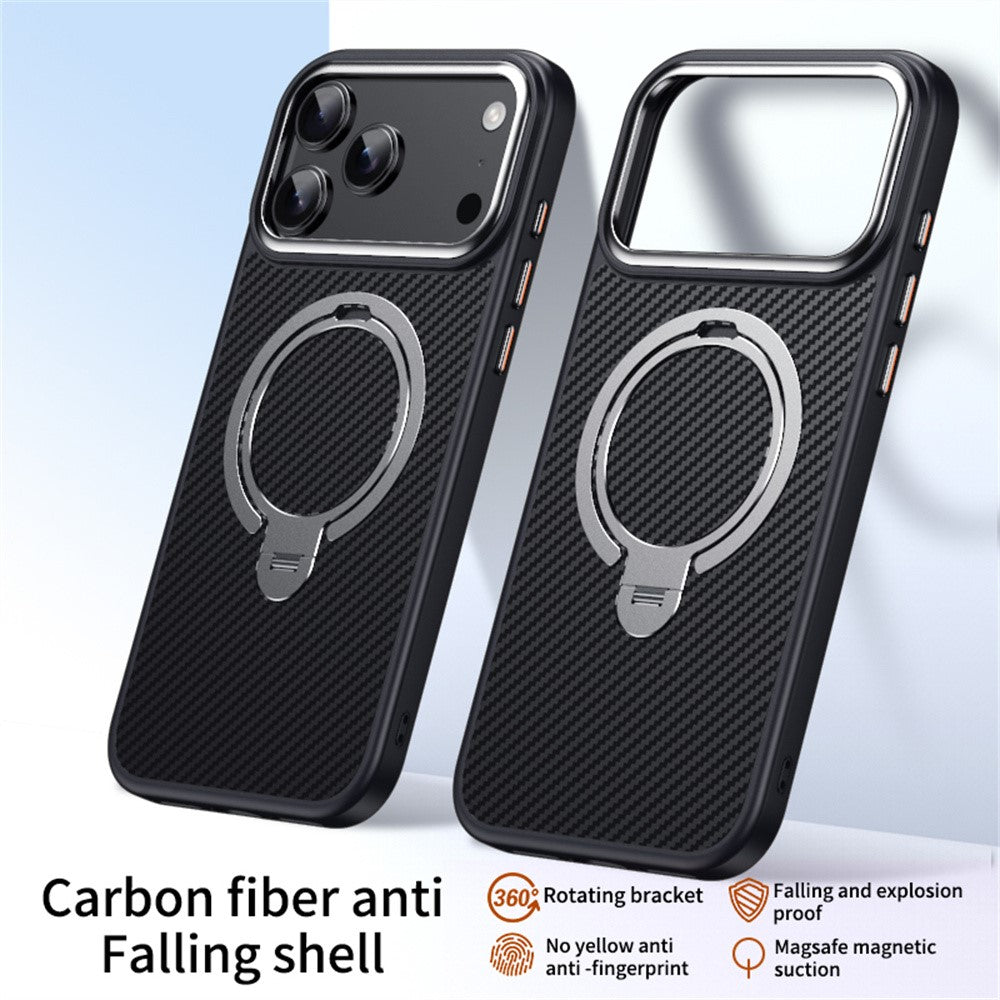 For iPhone 17 Pro Max Case Compatible with MagSafe PC + TPU Phone Cover Ring Holder Carbon Fiber Texture