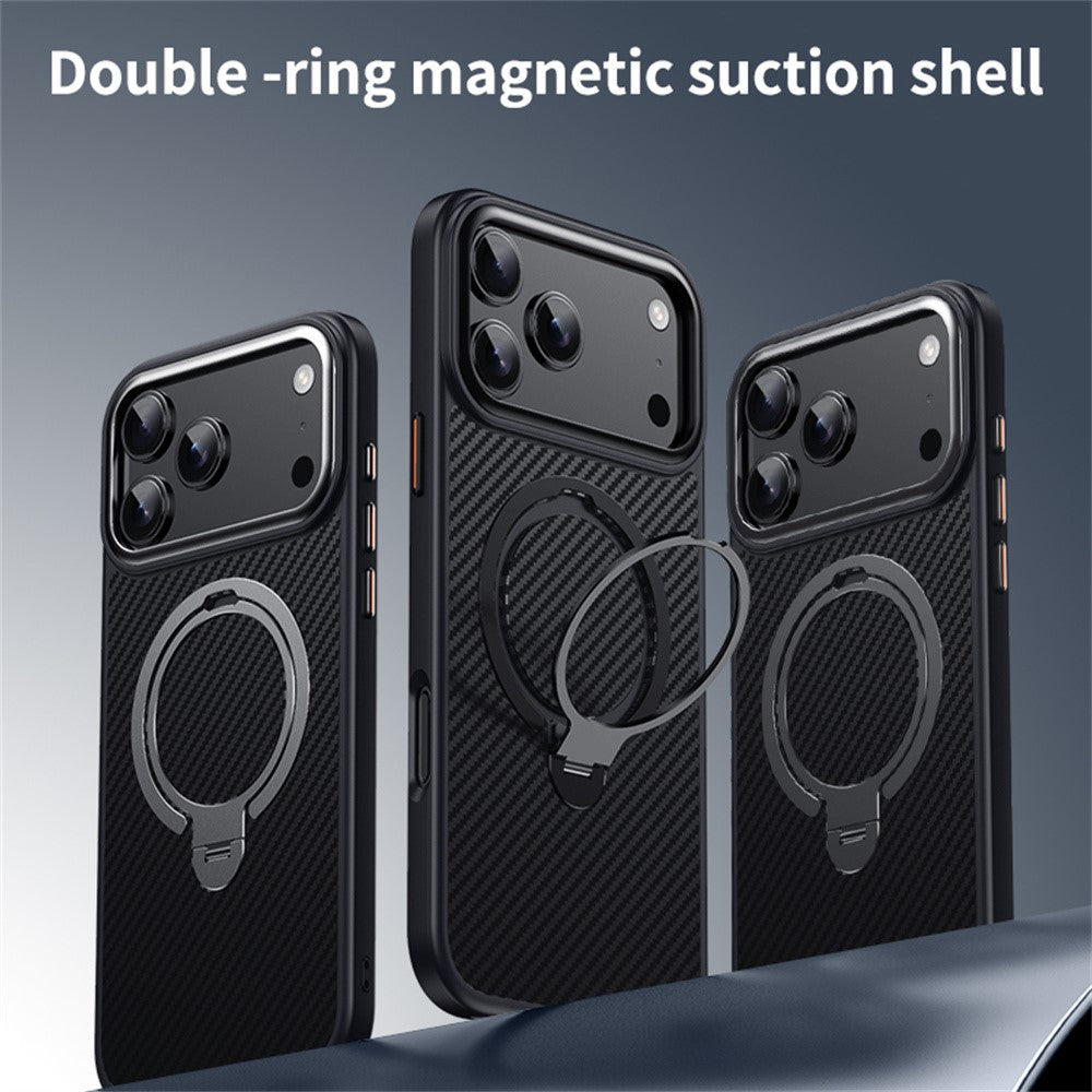 For iPhone 17 Pro Max Case Compatible with MagSafe PC + TPU Phone Cover Ring Holder Carbon Fiber Texture