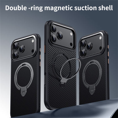 For iPhone 17 Pro Max Case Compatible with MagSafe PC + TPU Phone Cover Ring Holder Carbon Fiber Texture