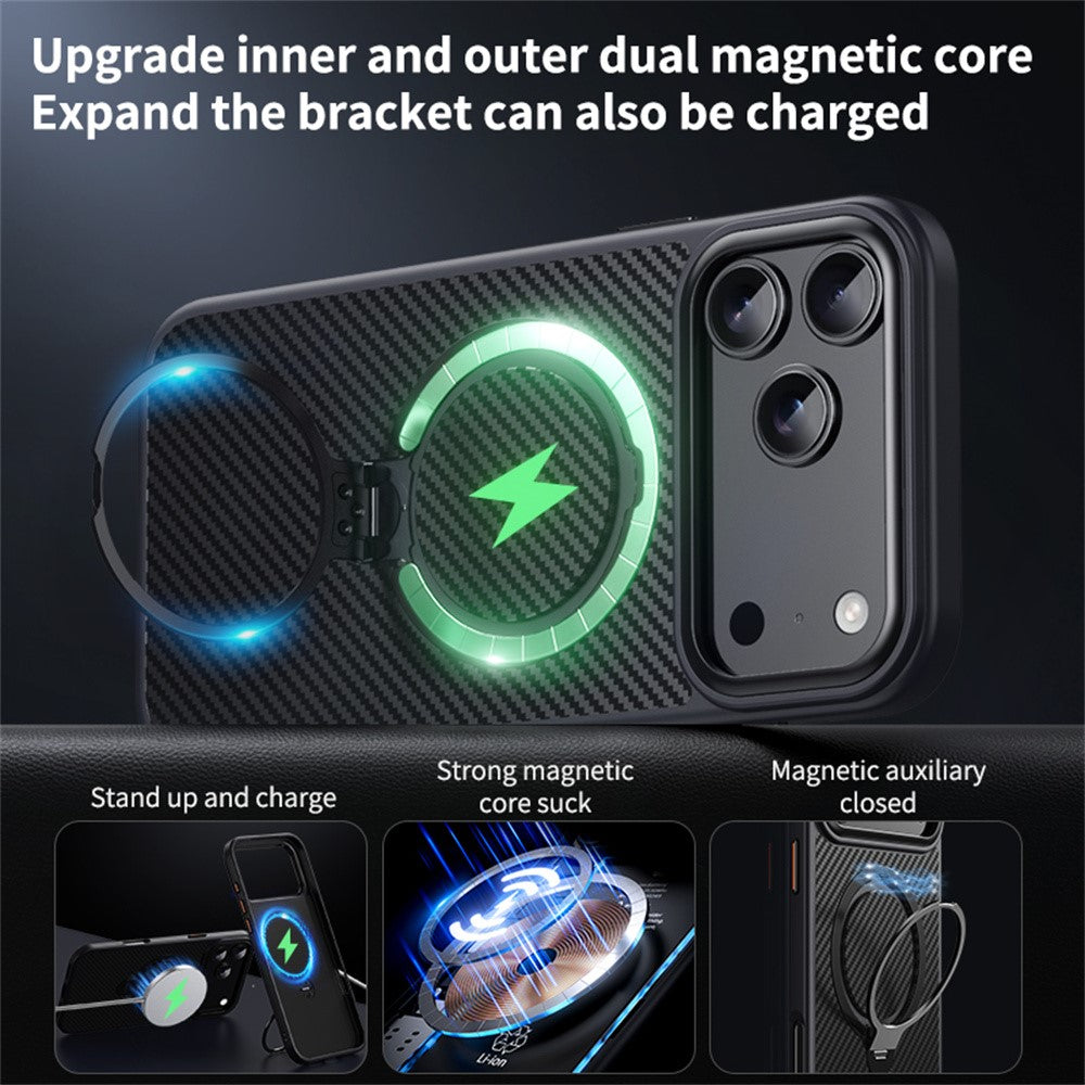 For iPhone 17 Pro Max Case Compatible with MagSafe PC + TPU Phone Cover Ring Holder Carbon Fiber Texture