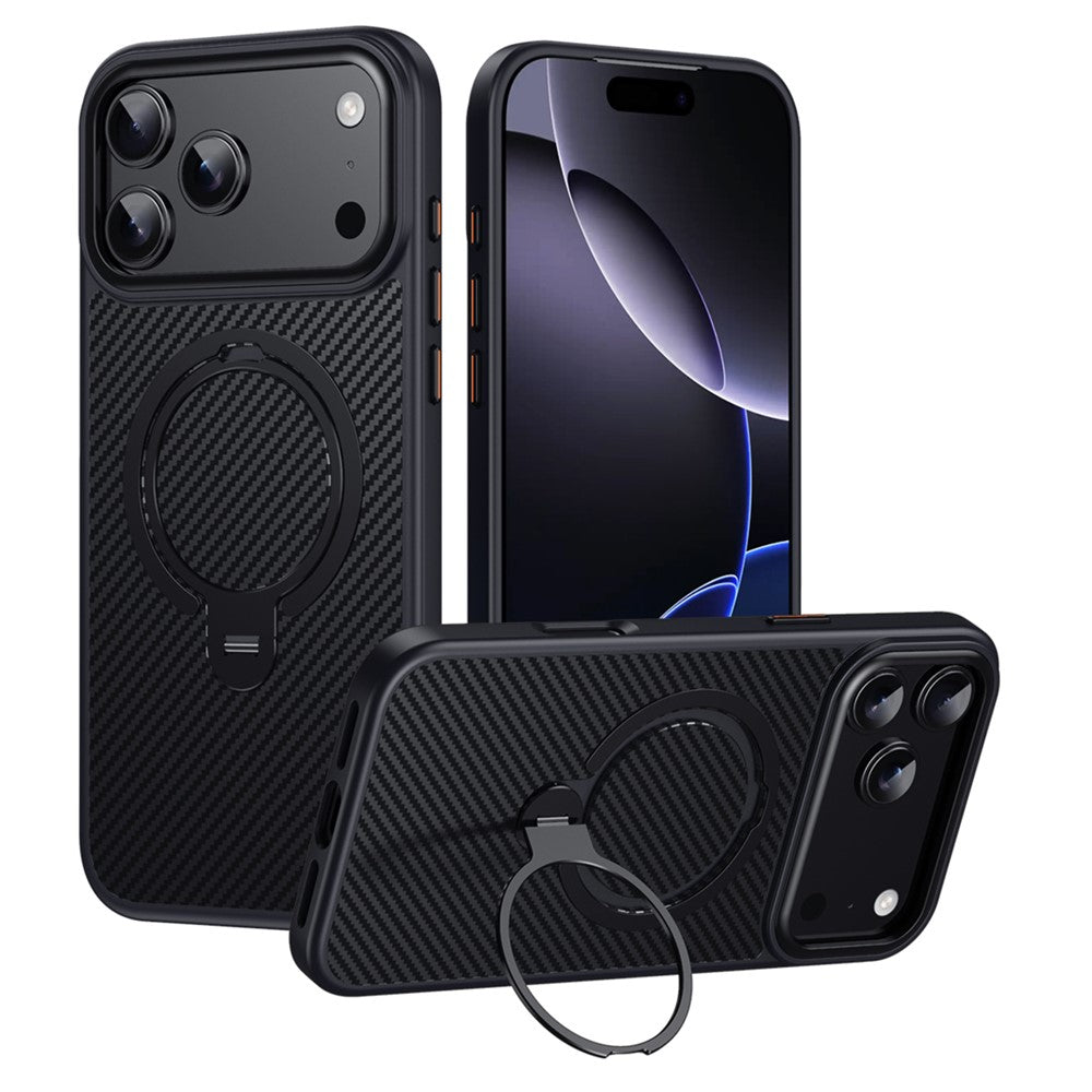 For iPhone 17 Pro Max Case Compatible with MagSafe PC + TPU Phone Cover Ring Holder Carbon Fiber Texture