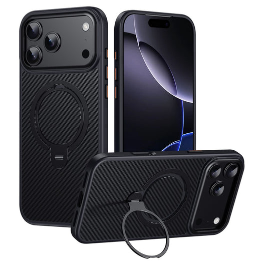 For iPhone 17 Pro Max Case Compatible with MagSafe PC + TPU Phone Cover Ring Holder Carbon Fiber Texture
