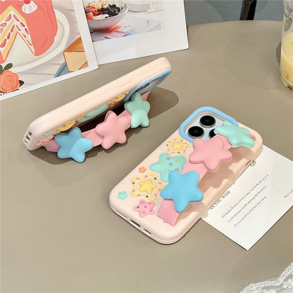 For iPhone 15 Pro Max Silicone Case with Wristband Kickstand Cute Star Design Shockproof Phone Back Cover