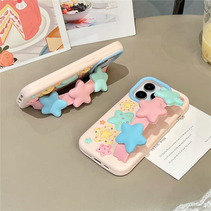 For iPhone 15 Pro Max Silicone Case with Wristband Kickstand Cute Star Design Shockproof Phone Back Cover