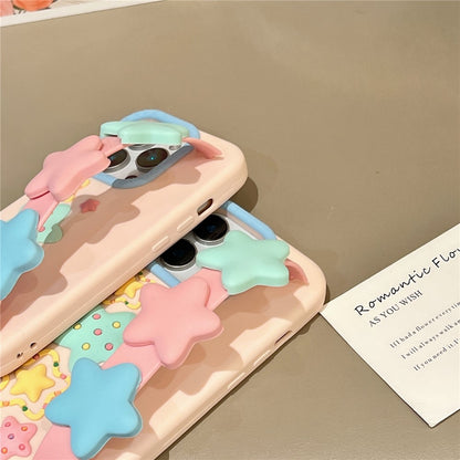 For iPhone 15 Pro Max Silicone Case with Wristband Kickstand Cute Star Design Shockproof Phone Back Cover