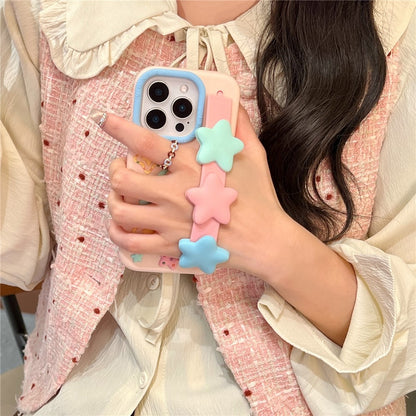 For iPhone 15 Pro Max Silicone Case with Wristband Kickstand Cute Star Design Shockproof Phone Back Cover