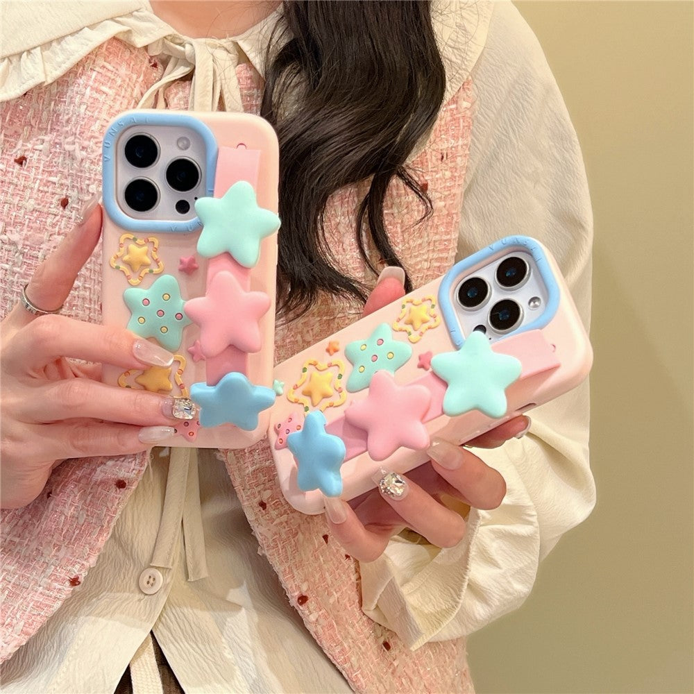For iPhone 15 Pro Max Silicone Case with Wristband Kickstand Cute Star Design Shockproof Phone Back Cover
