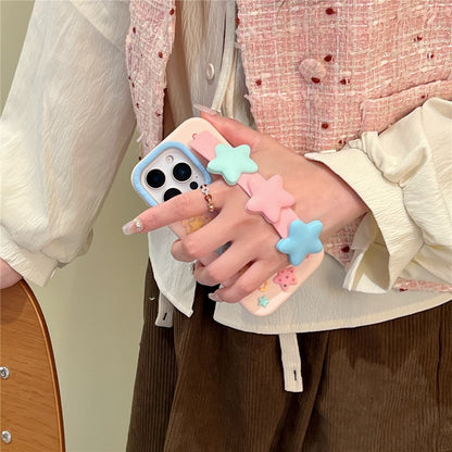 For iPhone 15 Pro Max Silicone Case with Wristband Kickstand Cute Star Design Shockproof Phone Back Cover